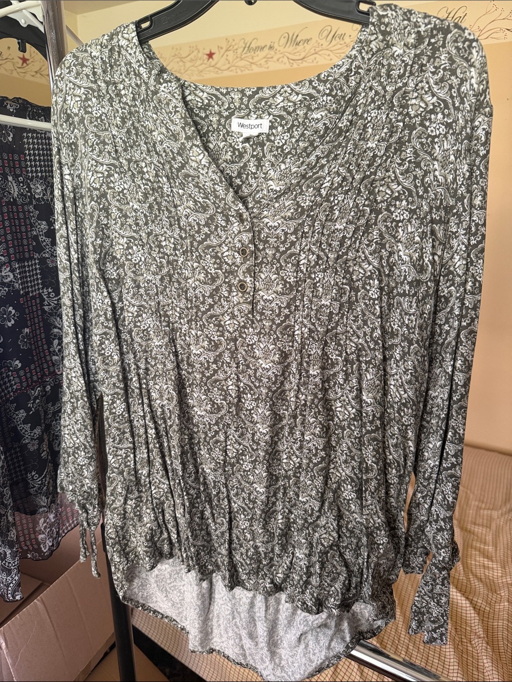 Westport Green and White Paisley Henley Long Sleeve Top with High-Low Hem